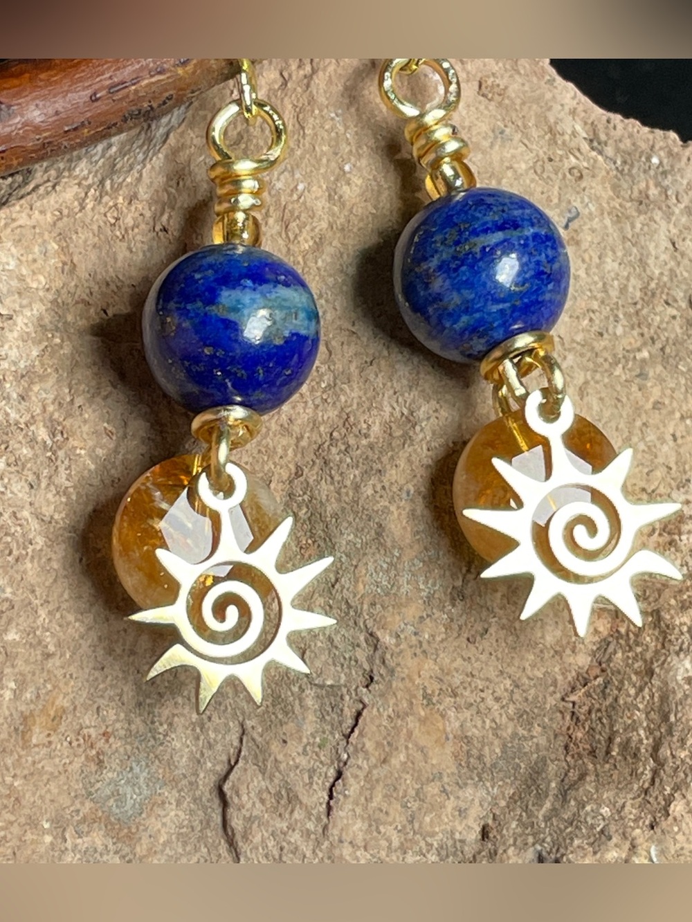 Lapiz Lazuli Artisan Gold Sun Charm Earrings with Citrine Crystal- Women Jewelry